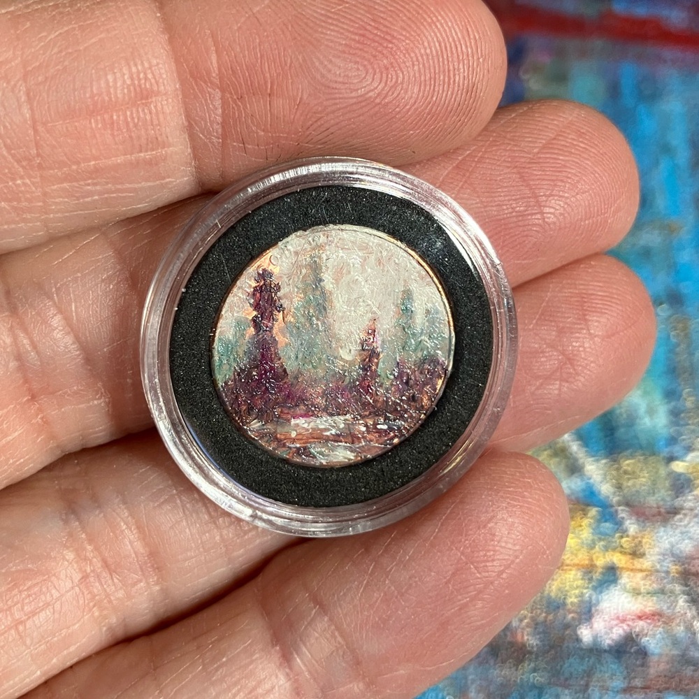 Original oil painting landscape on a real USA penny coin collectible artwork EAE